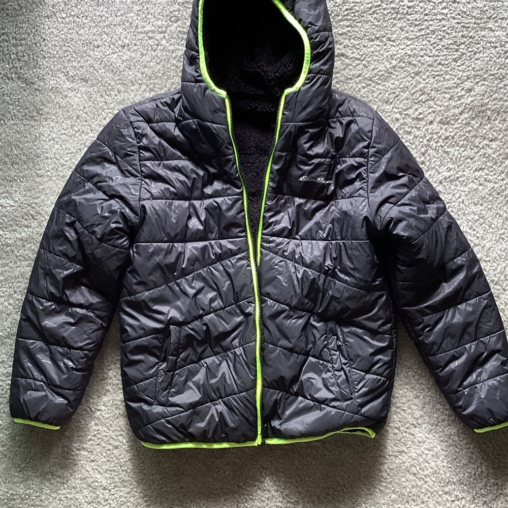 Eddie Bauer Kids Black Puffer Jacket with Neon Highlights Size 14/16